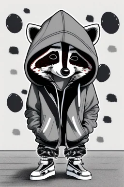 A cheeky raccoon, streetwear, hoody, sneakers,attitude,white background, 2d animation Drawing