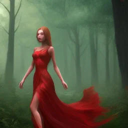 Girl with long red dress in a magic forest, fantasy style, surrealism, 8k