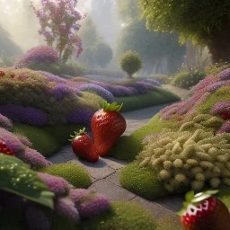 pixar style, volumetric summer garden environment and background, volumetric lighting, dramatic lighting, realistic painting of an strawberry, looking excited, detailed digital painting, extreme dense and fine fur, anime, ornate, colour-washed colors, elegant, small minutiae, tiny features, particulars, centered, smooth, sharp focus, renderman gofur render, 8k, uhd, detailed eyes, realistic shaded volumetric lighting, sunlight caustics, backlight, centered camera view