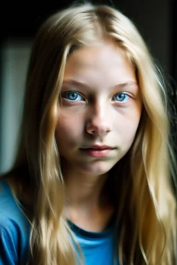 Porträt eines 13 jährigen Mädchens, sehr lange, bodenlange blonde Haare, blaue Augen, sportlich