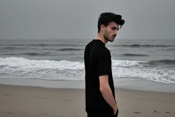 Man wearing black t-shirt at sea shore by Andrea del Sarto