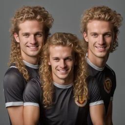 85mm DSLR colour photography of a very detailed headshot fitting all of head and hair in frame. 22year old Germen soccer player, with blonde hair color and no facial hair and has long curly hair with a small smile, grey background