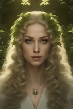 portrait of beautiful woman as enchantress standing in the garden of Valhalla, with soft lush curly warm white long hair, symmetric eyes, dreamy, rendered in cinema 4D, by Greg Rutkowski, hyperrealism, hyperdetailed, dynamic composition, ambient rim lighting, fantasy art, masterpiece, sharp focus, depth of field, unreal engine, perfect composition, digital art on pixiv, artstation, 8k, hdr, belly dancer hippie