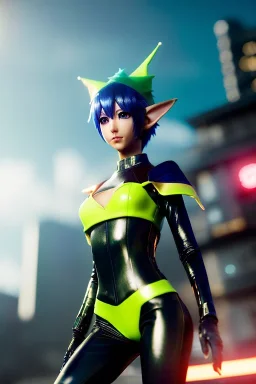 Futuristic anime elf, waist up portrait, physically fit, latex and leather attire, blue eyes, green and yellow hair, one pair of ears, intricate eyeliner, vibrant eyeshadow, clear completion, soft lighting, 4k resolution, intricate details, insanely detailed, colorful cityscape background, masterpiece, expert, cinematic smooth, retroanime style, realistic details, no helmet