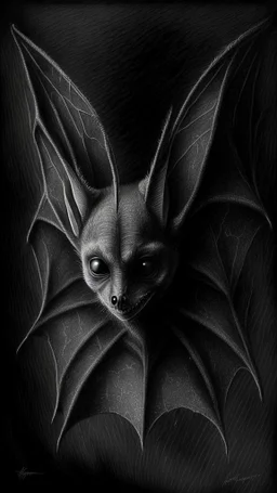 pencil drawing of bat, Spooky, scary, halloween, black paper