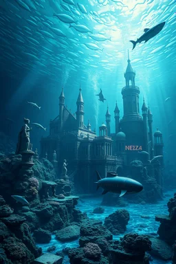 Under water world a city like Atlantis under the water with sharks fish statues , high quality picture with water and a submarine