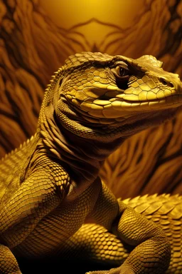 anthropomorphic monitor lizard, female, warm toned scales, shaman background, no headdress