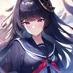 Clear focus, High resolution, Black long fluffy hair, purple eyes, wearing a sailor uniform, shattered rainbow in triagle formation,