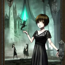 Realistic photo short hair boyish boylike (boyish face) beautiful cleavage lace neckline (short mens haircut) amulets of evil forces on neck (thin waist) (wide hips) lacy nightgown (girlish room of black magic) (symbols of black magic and evil force on the walls) (a girl learns to be an evil sorceress)