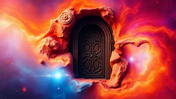 A small, intricately carved door nestled within the swirling colors of a vibrant nebula, beckoning you to explore its secrets.