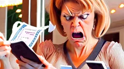 angry lady looking at receipt on phone