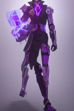 A Genderless Cyborg made of metal, has a human like face with a long violet ponytail, the cybord is wearing armor similar to Megaman Omega. The color palatte of the armour is deep purple and yellow.