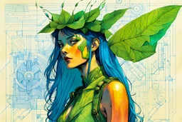 Hand drawn technical,full body portrait illustration , with detailed blueprints and engineering schematics of a walking leaf insect girl, in the comic book art style of BILL SIENKIEWICZ and JEAN GIRAUD MOEBIUS, with highly detailed facial features, drawings, and technical notation, 8k, vibrant natural colors