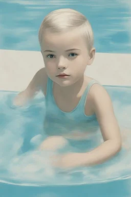 Illustration of jean seberg as a toddler, swimming pool, style of Marcel Marlier, pastel colors