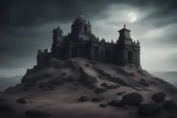 dark creepy fantasy mausoleum on top a barren rocky hill