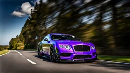 A sleek (((racing purple bentley gt3r ))),, cutting through a (((clear bright blue morning sky)))