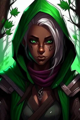 Lesbian wood elf, rogue assassin, brown skin, bright green eyes, mauve hair, hooded black leather, clever, trees, stoner