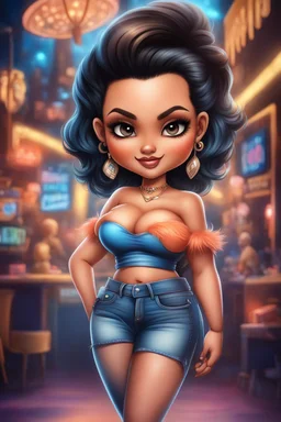 create an airbrush illustration of a chibi cartoon curvy polynesian female wearing Tight blue jeans and a peach off the shoulder blouse. Prominent make up with long lashes and hazel eyes. She is wearing brown feather earrings. Highly detailed short black shiny pixie hair cut that's flowing to the side. Background of a night club.