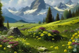 Peder Mork Monsted style,alpine meadow with flowers, mountains in the distance