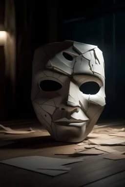 a simple broken mask with expression ( consist of sad, happy, afraid, anger )that have a big crack on them, placed in the table and the room doesn't have lights in a dark room, facing towards front and no cracks left on the floor