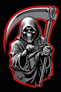 Grim-Reaper gripping scythe with both hands, vignette, black and white vector with a red outline, and black background, biker style