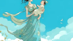 A serene, dreamlike image of a mother carrying her child in a sling, walking gracefully against an aquamarine blue sky. The child gazes up at her with a sweet smile, their hands holding a small toy. The mother's flowing dress is adorned with delicate patterns and flowers, and she wears a simple yet elegant headpiece. Clothes are hanging on a clothesline behind her, billowing gently in the breeze. The overall atmosphere of the image is peaceful, with a hint of a gentle summer's day.