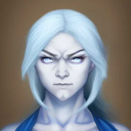 Female Air Genasi Monk with pale blue skin color, white hair, grey eyes, and serene facial expression.