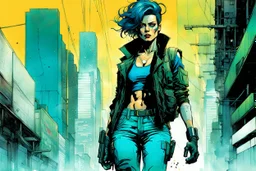 create a full body portrait illustration of an athletic cyberpunk female private detective with prosthetic arm in flak vest, with highly detailed , sharply defined feminine facial features, in a chaotic, turbulent, otherworldly Tokyo in the comic art style of BILL SIENKIEWICZ and JEAN GIRAUD MOEBIUS, searing lines and forceful strokes, precisely drawn, inked, and darkly colored