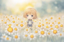 cute chibi anime smiling faced daisy flowers playing football in sunshine, styles of Paul Klee Dee Nickerson and Tim Burton, melting watercolor and black ink outlines on wet paper, soft, shading strokes, in sunshine, ethereal, cinematic postprocessing, bokeh, dof