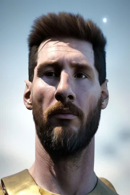 Realistic image, lionel Messi Roman sculpture made in marble with gold veins, gold laurel leaves crown, gold ornaments, Renaissance style, sun rays background, waist up portrait, epic, celestial, cinematic lighting, God lights, 4k resolution, smooth details, soft lighting, unreal engine 5, art station, substance 3d.