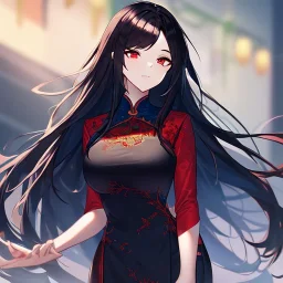 Clear focus,High resolution, black long hair, Vibrant red eyes, Emo style, Wearing a Chinese Traditional dress