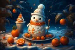 beautiful cute snowman made of tangerines has a big ice cream, professional photo, high resolution, frame depth, high detail, 1024k, ISO 1000, digital art, botanical art, filigree, hyperrealism, surrealism, glitter, cinematic, backlight, full HD wallpaper with high detail, elegant, 8k, oil on canvas, beautiful. 4K 3D, excellent quality, colorful, very cute, Thomas Kincaid