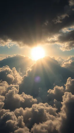 A huge beam of light above swirling clouds, emerges from the heart of a raging storm. Turbulent winds of steam swirl around the sun lit by shafts of sunlight that cast dramatic shadows on the A beautiful sun , High quality 16k cinematic scene and great photography