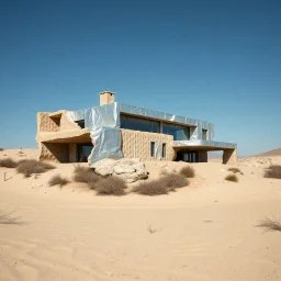 Fotografia sublime di una villa moderna brutalista con alluminio riflettente. La struttura è erosa e inglobata dal paesaggio naturale, come se il tempo o l'ambiente avessero iniziato a "riassorbirla". L'atmosfera è desolata e surreale, con un ambiente circostante spoglio e sabbioso hasselblad h6d400c