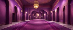 Hyper realistic detailed hallway inside purple wall Mosque with maroon pillars, beautiful carpet & ceiling lights at night