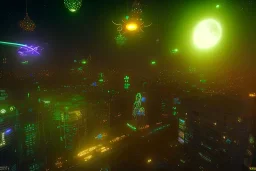  helicopter flying over sky scapers , oakland, downtown, night time , unity, scriptable render pipeline , green emission, cinematic lighting.