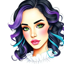 Create a captivating portrait of a beautiful woman with green eyes, curly black hair with purple, teal and turquoise highlights and long eyelashes. With a white ruffled blouse, uncropped head and against a white background, watercolor illustration