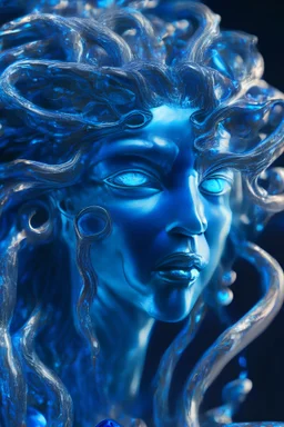 transparent gemstone Medusa, in blue fire chrome casino, high detail, 8k, cinematic, depth of field, art