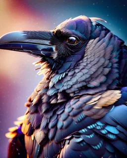 a mesmerizing and vibrant cinematic photograph of a raven in an extreme close-up, positioned in a-profile, showcasing its mysterious demeanor, with some scars on its plumage, slightly ruffled grey feathers underneath, and one of its feathers adorned with an elegant golden detail, as if kissed by sunlight, set against a soft, gradient background that shifts from deep blues to purples, evoking an enchanting atmosphere, with a subtle, cinematic film grain texture, imbuing the image with a sense of