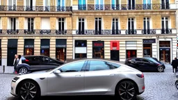 A Tesla's 'Model S Plaid' is parked, at the 'Sacre Coeur', in Paris. CINEMATIC. WIDE ANGLE LENS. PHOTO REAL.