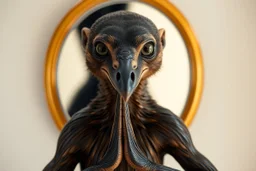 full body portrait of humanoid weasel shiny yoga gollum crow air captain racer semi transparent hypnotic kind eyes in front of mirror