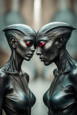 A surrealistic portrait of two alien lovers, their eyes locked in a passionate . HOF, full size, (((realism, realphoto, photography, portrait,beautiful, charming, professional photographer, captured with professional DSLR camera, 64k,