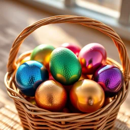 digital photograph — off-center modern wicker basket holds Easter eggs in vibrant azure, emerald, blush, crimson, gold, sapphire, and metallic tones. Each egg's glossy surface reflects intricate dimpled textures under dramatic cinematic HDR backlighting, emphasizing subtle sheen contrasts. Shallow depth of field softens sunlit background in hyperrealistic 8k clarity.