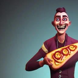 horror smiling pizza delivery man, holding pizza box, 3d horror game style