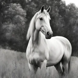 Graphite Pencil drawing, a horse relaxing in the meadow, sketch drawing, hash drawing, sketch style, drawing, perfect eyes, monochromatic, white background