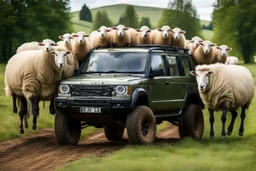 lots of sheep jumping each other, portrait of a broken mechanic, mixed body hybrid part big (sheep), fixing (far away old land rover 4x4 discovery 2) in the countryside