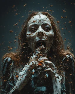 horror, swarming mechanical robotic insects, bugs, cockroaches, flies, spiders, ticks, parasites screaming person, pain, decay