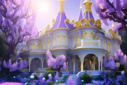 a magical crystal flower magnolias wisteria blue gold house russian palace castle in the woods, magnolias pink,blue lake,sun,white swanns,pink vertical, blue lake,sharp, vines, candlelit, endor, ornate, elegant, highly detailed, artstation, concept art, smooth, sharp focus, illustration, 8k, splash art, wallpaper, key visual