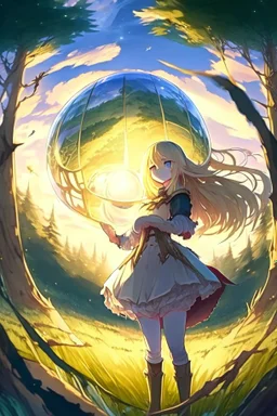 Anime, blonde girl in medieval clothing in large field in the middle of the forest with a globe of light next to her
