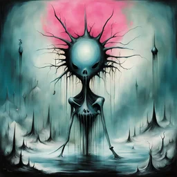 Scary stories of the infinite interview, intimidating magister, Joan Miro and Stephen Gammell and Yves Tanguy deliver a sinister surreal masterpiece, icy hues, dark_cyan and pink color scheme, sinister, creepy, expansive, sharp focus, dark shines, asymmetric, abstract